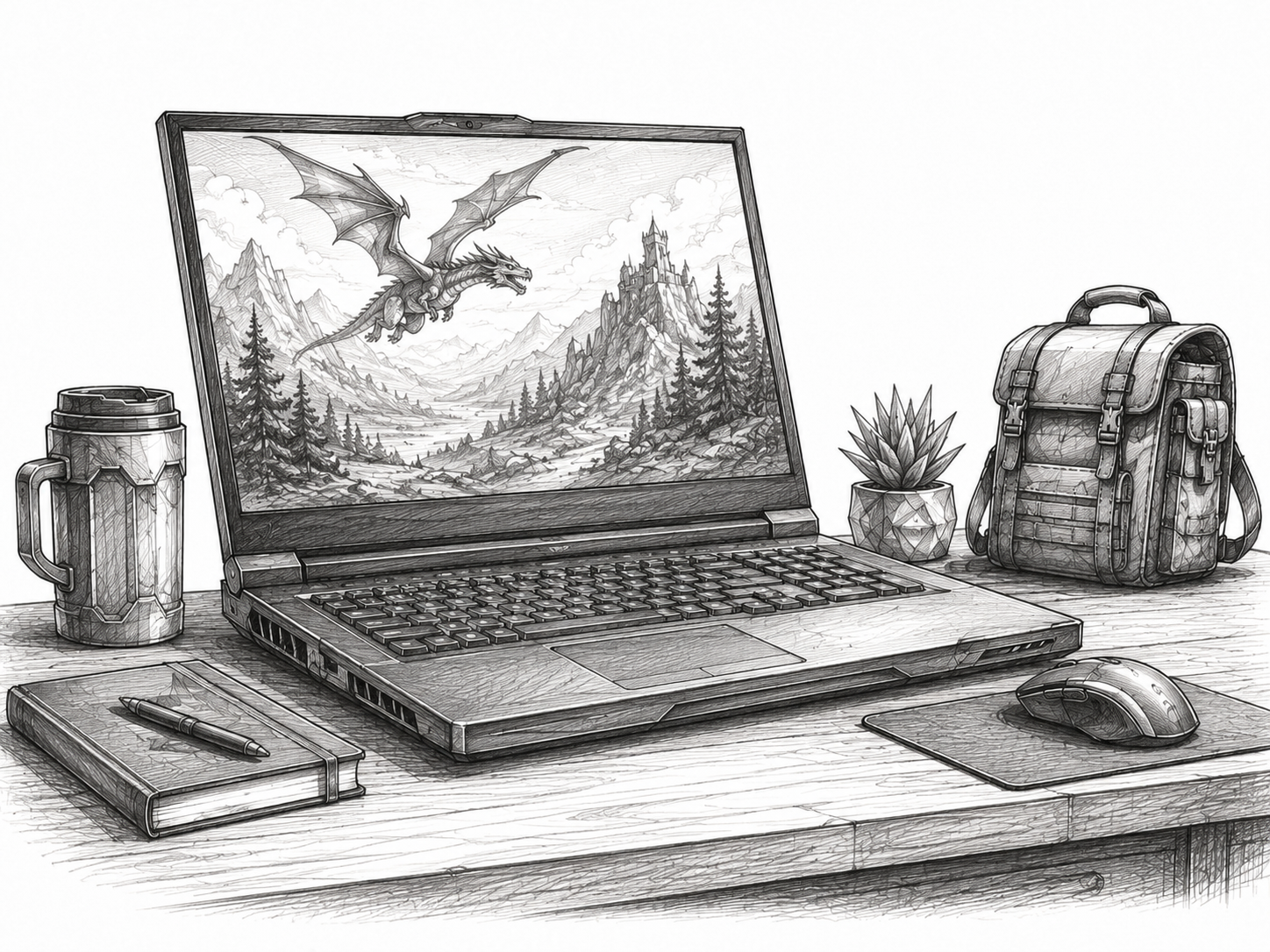Mein Gaming-Notebook als Bleistiftzeichnung